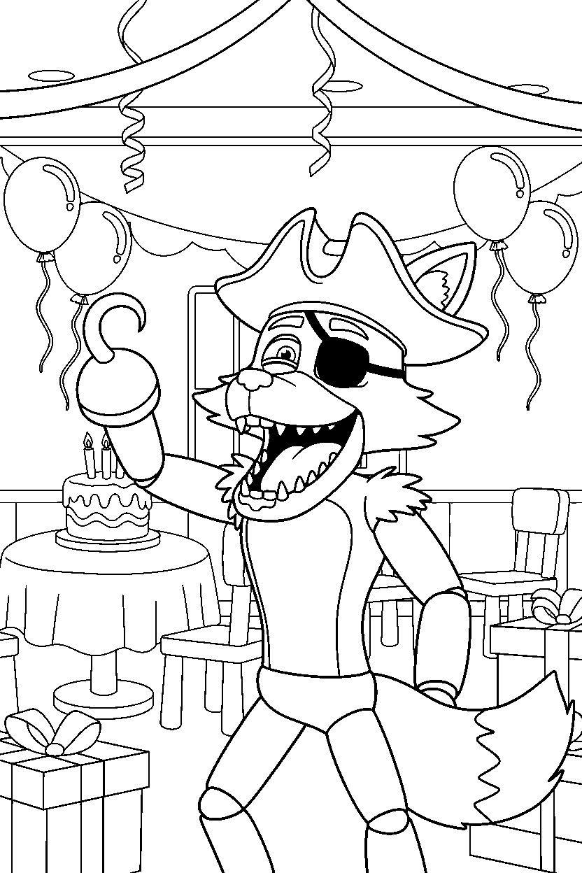 foxy the pirate fox from five nights at freddy s laughing happily inside a cartoon party hall line art