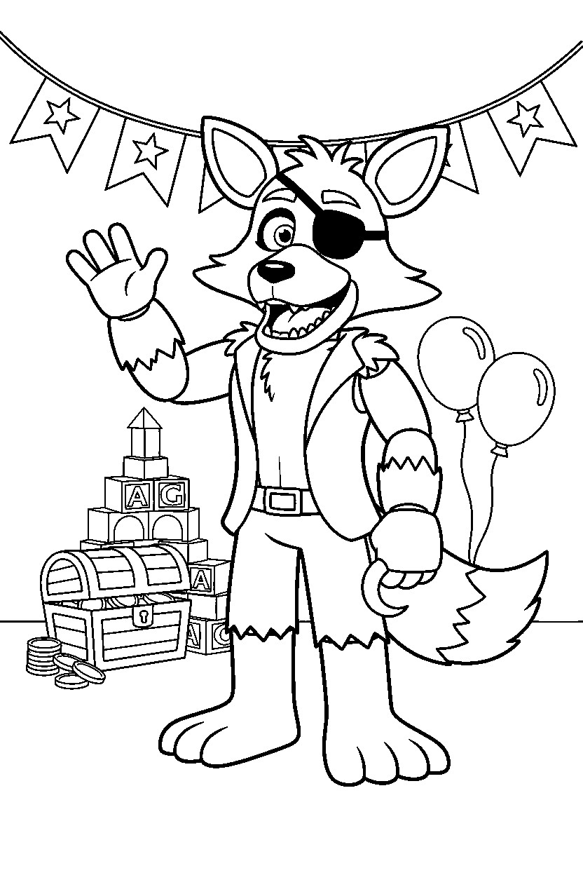 foxy the pirate fox from five nights at freddy s making a friendly pose in a decorated playroom line art