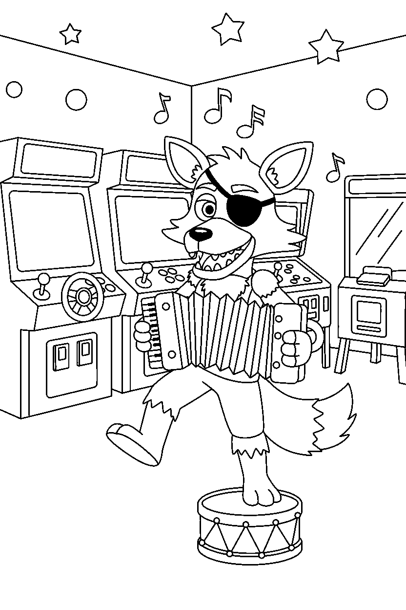 foxy the pirate fox from five nights at freddy s playing music in a bright game arcade line art