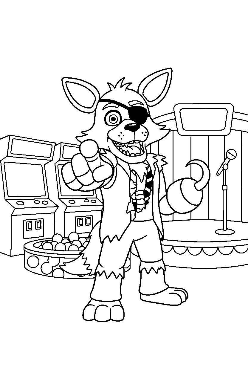 foxy the pirate fox from five nights at freddy s pointing forward in a fun entertainment center line art