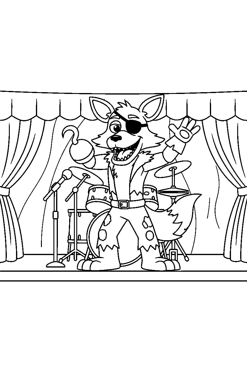 foxy the pirate fox from five nights at freddy s posing happily in a music stage hall line art
