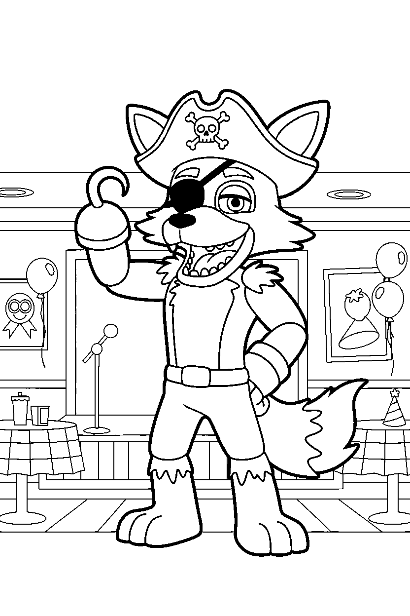 foxy the pirate fox from five nights at freddy s posing happily in a pizzeria dining area line art