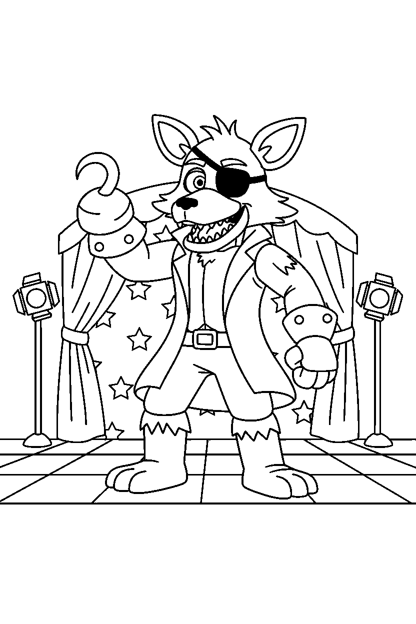 foxy the pirate fox from five nights at freddy s posing heroically in a show stage area line art