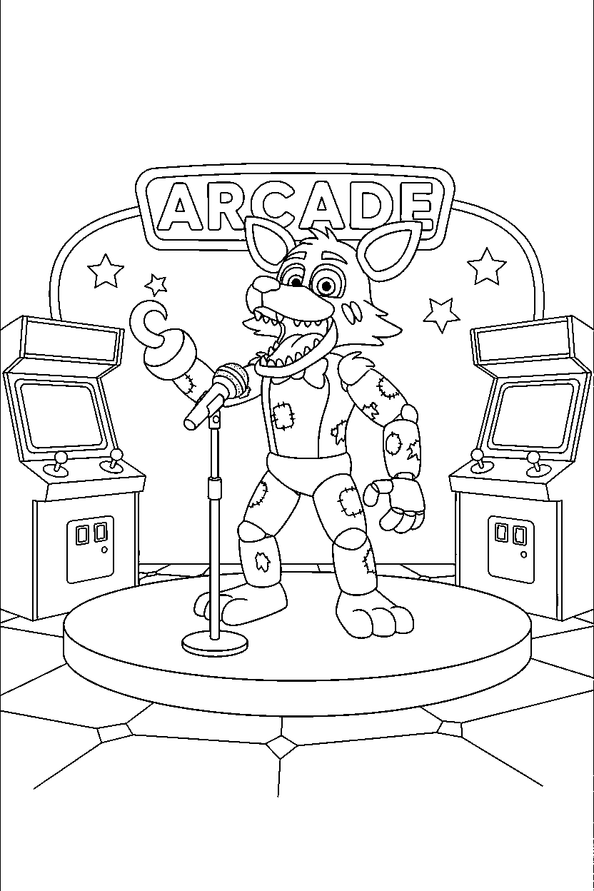 foxy the pirate fox from five nights at freddy s singing in a bright game arcade line art