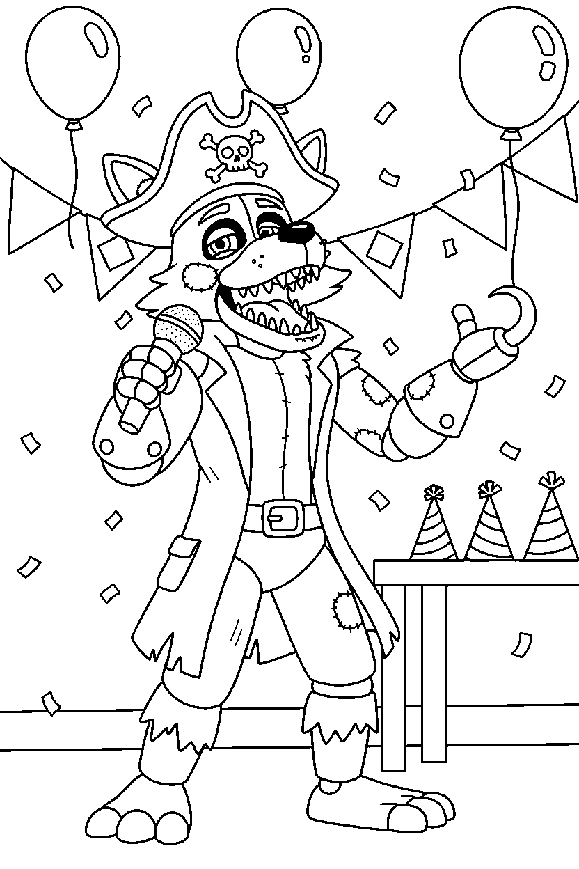 foxy the pirate fox from five nights at freddy s singing in a bright party room line art