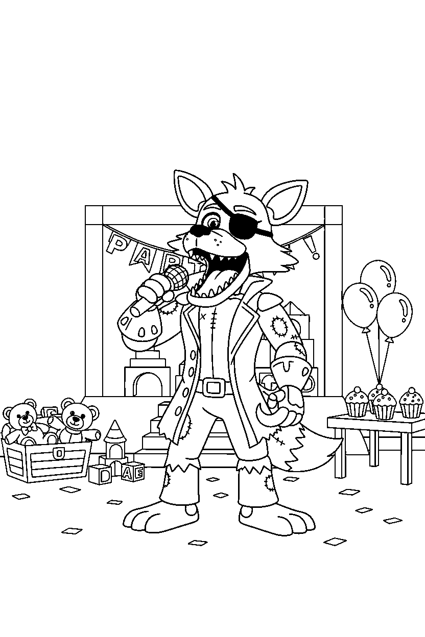 foxy the pirate fox from five nights at freddy s singing in a decorated playroom line art