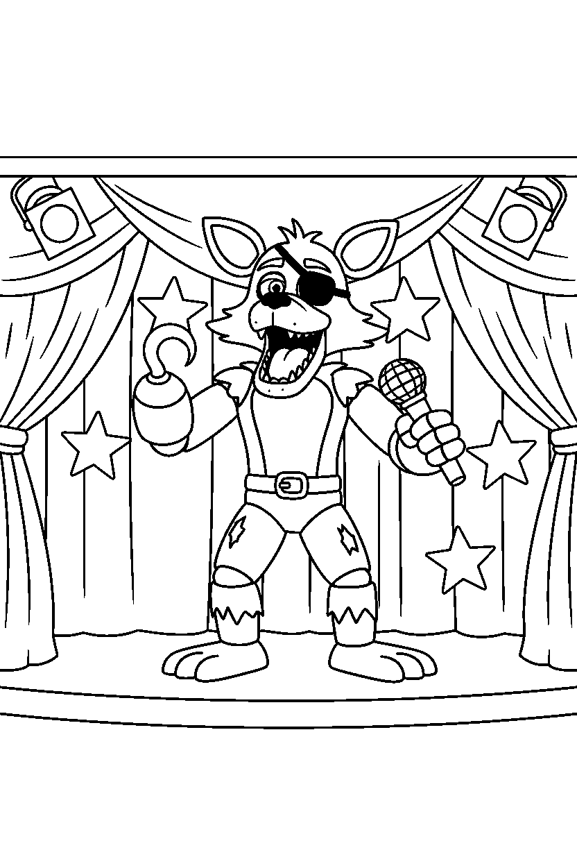 foxy the pirate fox from five nights at freddy s singing on a performance stage line art