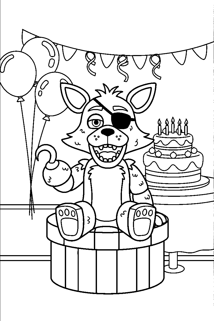 foxy the pirate fox from five nights at freddy s sitting and smiling in a bright party room line art