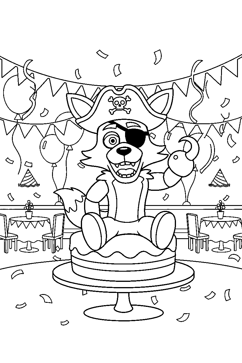 foxy the pirate fox from five nights at freddy s sitting and smiling in a celebration hall line art