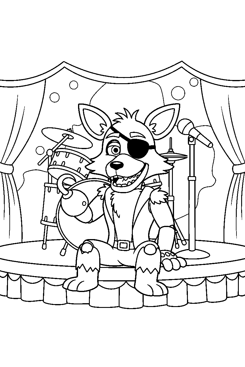 foxy the pirate fox from five nights at freddy s sitting and smiling in a music stage hall line art