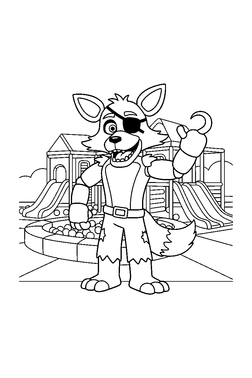 foxy the pirate fox from five nights at freddy s standing and waving inside an indoor play area line art