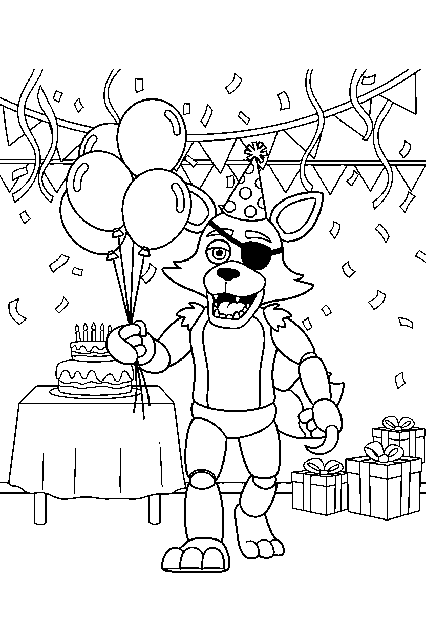 foxy the pirate fox from five nights at freddy s walking forward in a festive event room line art