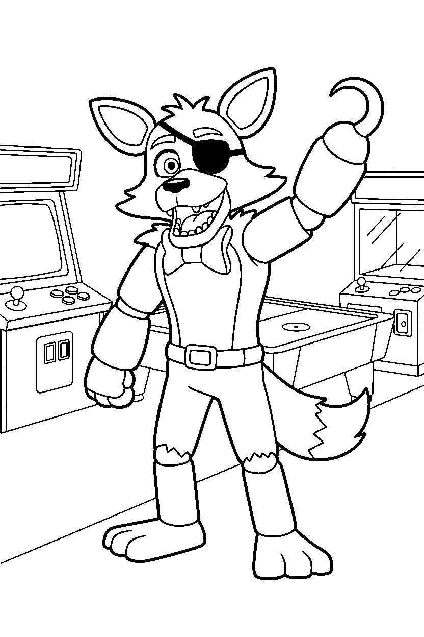foxy the pirate fox from five nights at freddy s waving happily in a bright game arcade line art