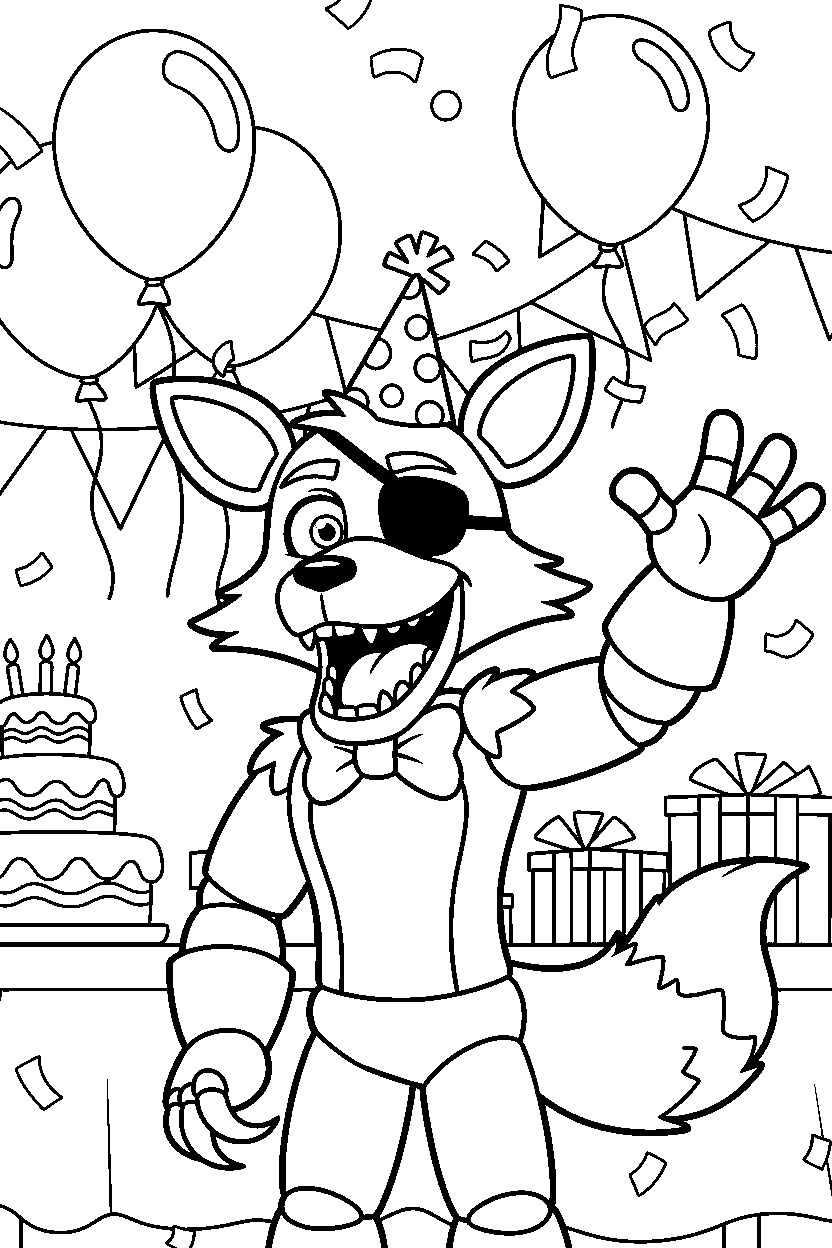 foxy the pirate fox from five nights at freddy s waving happily in a colorful party hall line art
