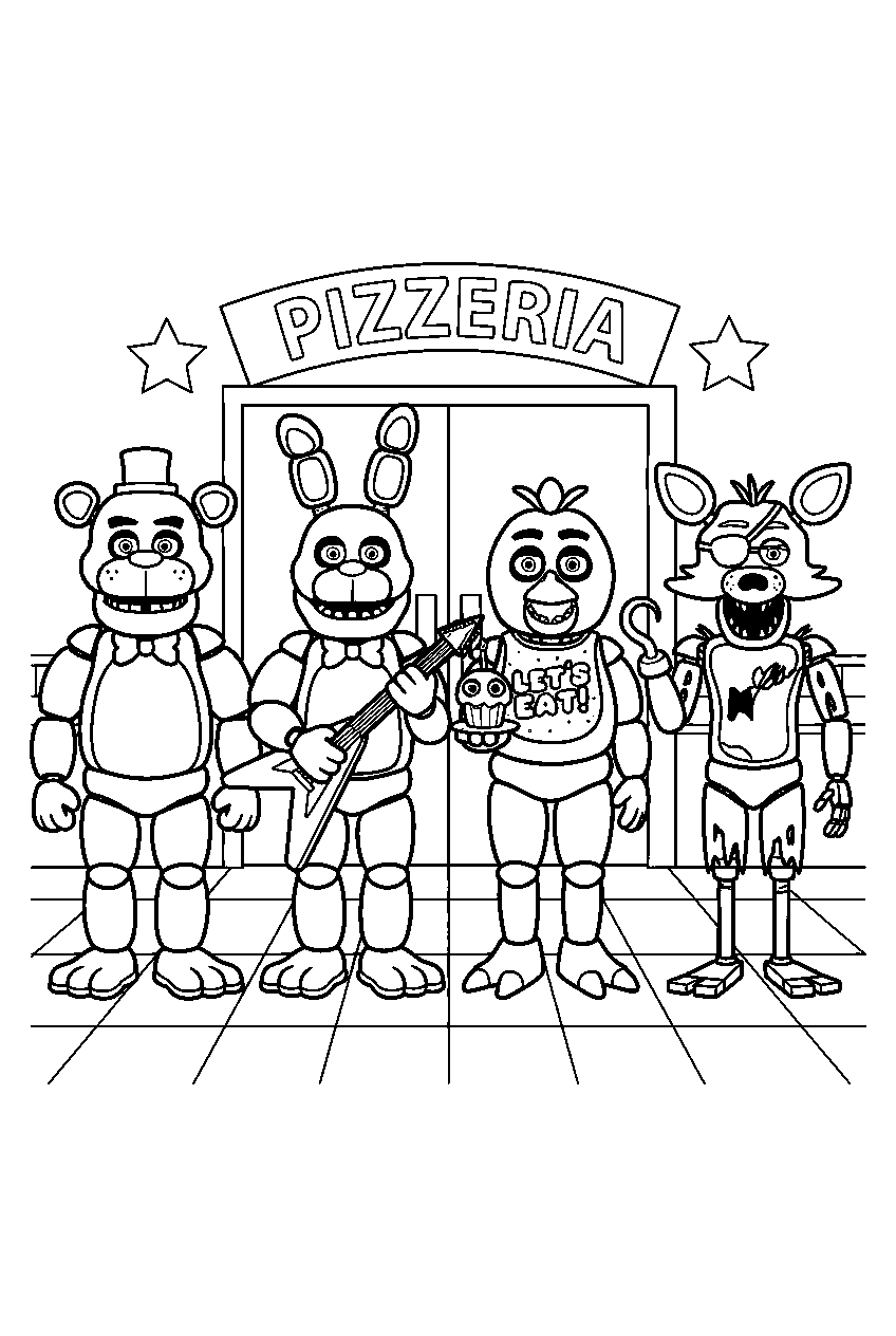 freddy fazbear bonnie chica and foxy standing in a spaced row at the pizzeria entrance line art