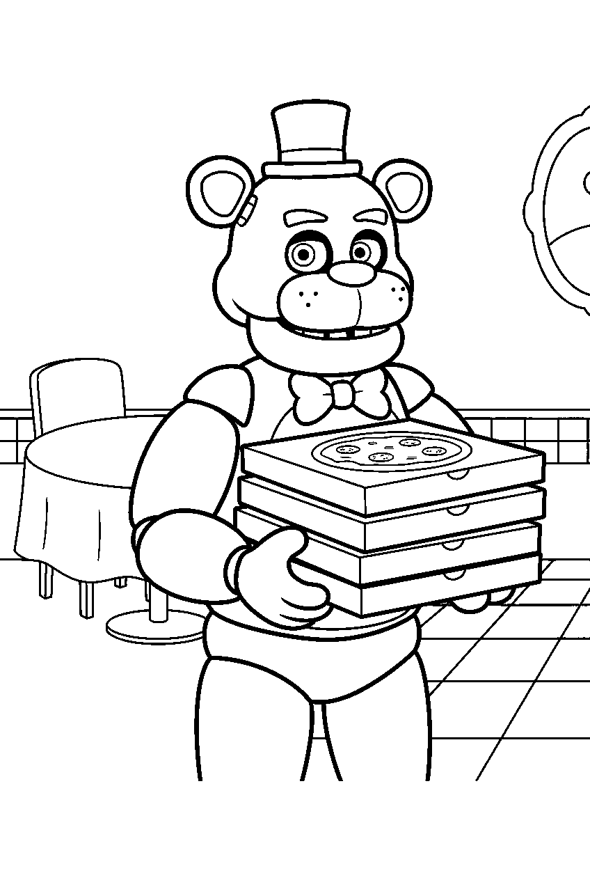 freddy fazbear carrying pizza boxes through the pizzeria dining room line art