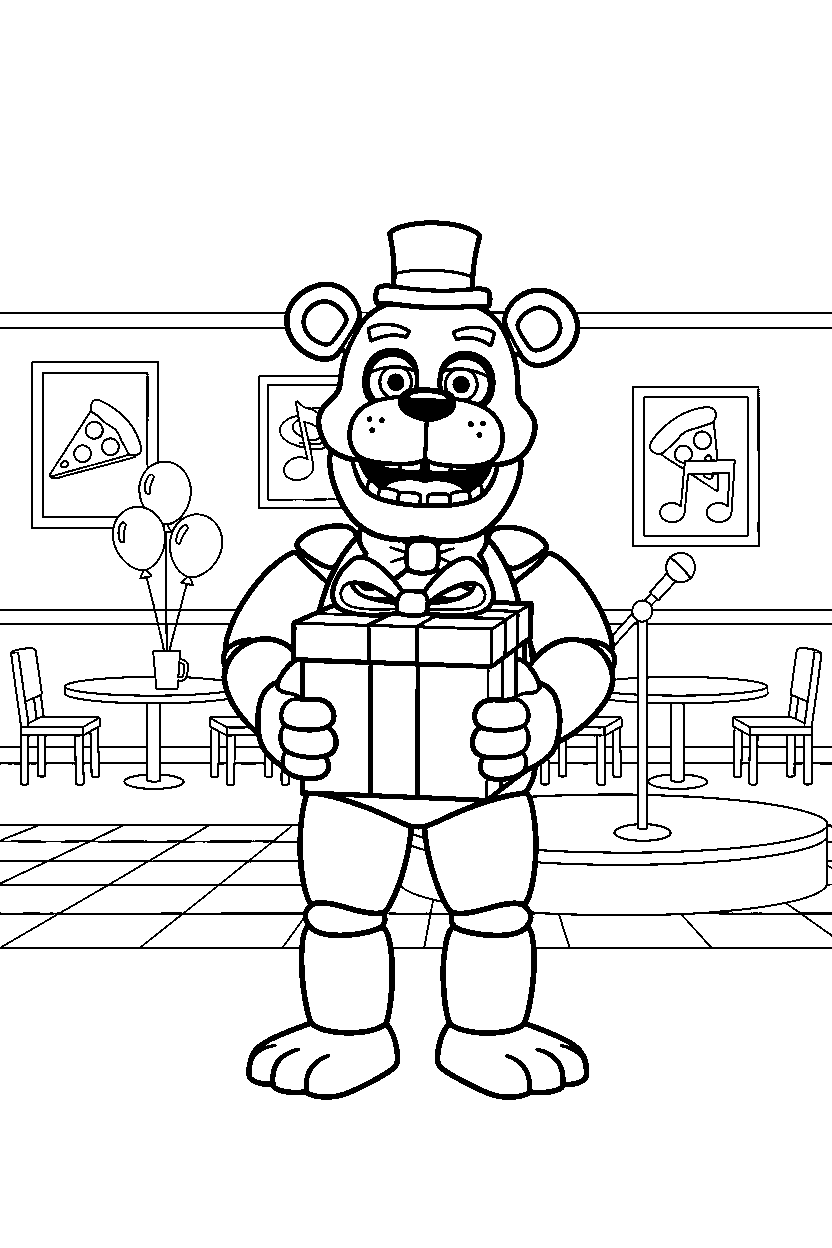 freddy fazbear fnaf animatronic holding a gift box in a family restaurant line art