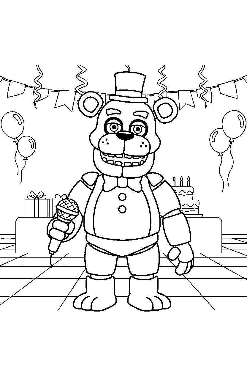 freddy fazbear fnaf animatronic holding a microphone in a colorful party hall line art