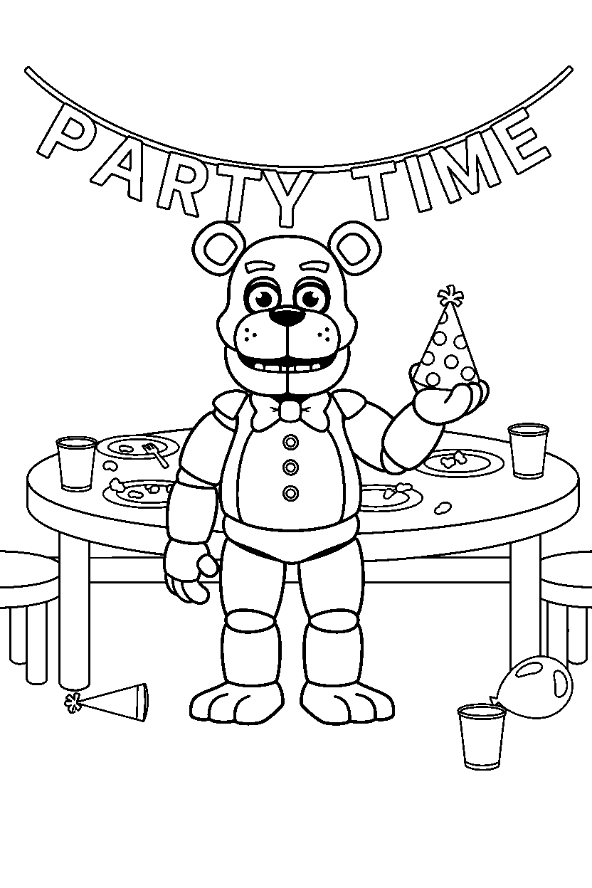 freddy fazbear fnaf animatronic holding a party hat in a decorated playroom line art
