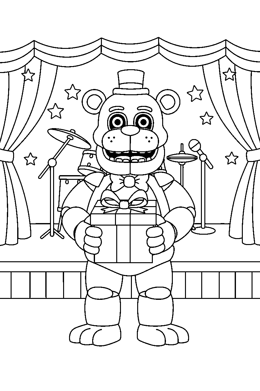 freddy fazbear fnaf animatronic holding a present in a music stage hall line art