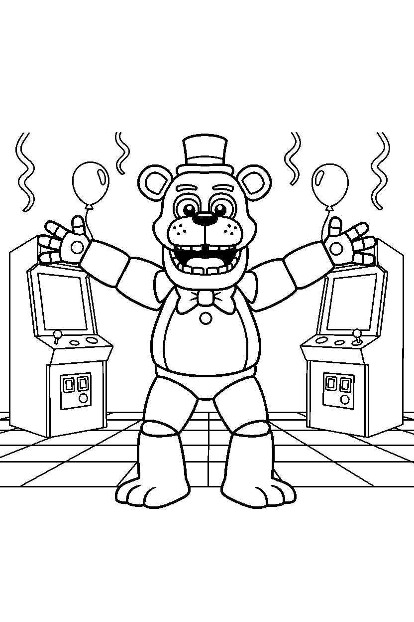 freddy fazbear fnaf animatronic posing happily in a fun entertainment center line art