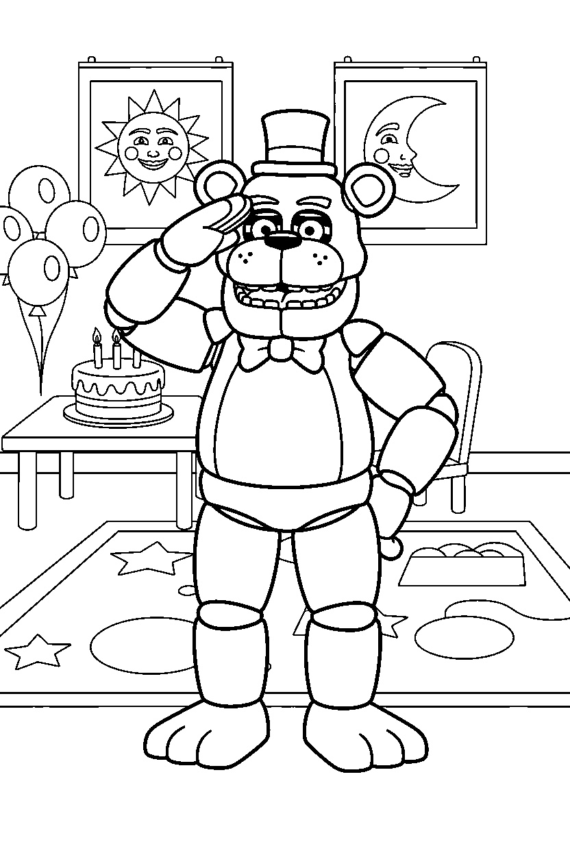 freddy fazbear fnaf animatronic posing heroically in a decorated playroom line art