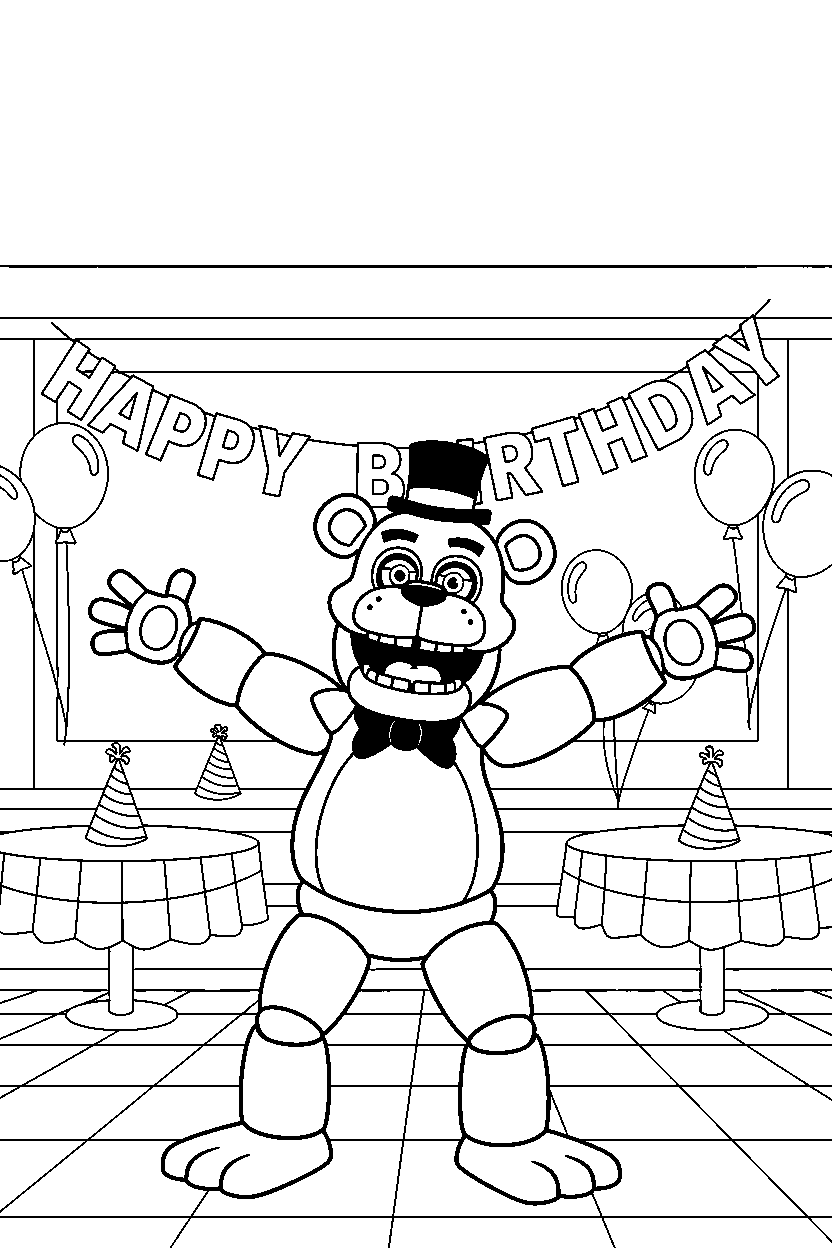 freddy fazbear from five nights at freddy s celebrating happily in a pizzeria dining area line art