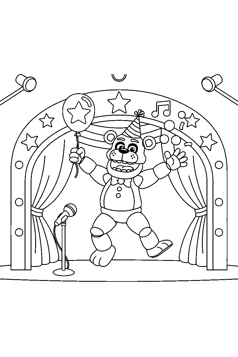 freddy fazbear from five nights at freddy s celebrating happily in a show stage area line art