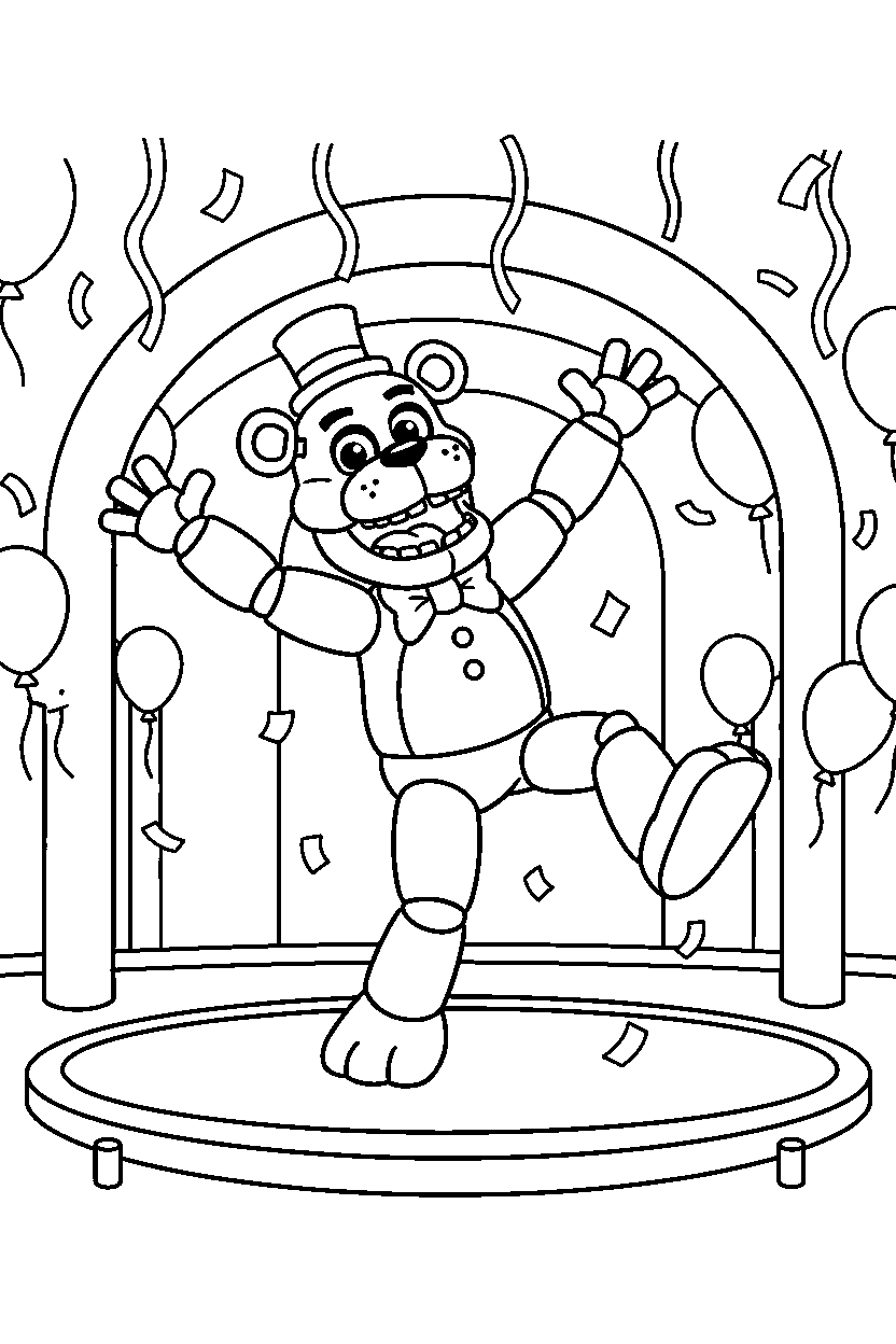 freddy fazbear from five nights at freddy s dancing happily inside a cartoon party hall line art
