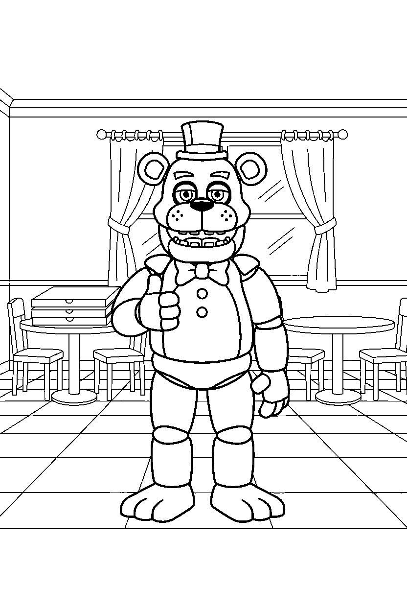 freddy fazbear from five nights at freddy s giving a thumbs up in a pizzeria dining area line art