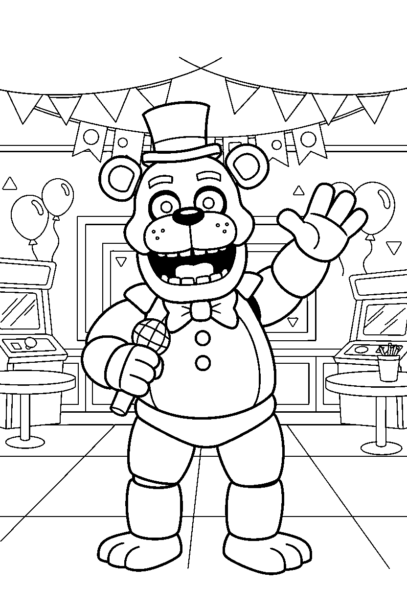 freddy fazbear from five nights at freddy s greeting happily in a colorful entertainment hall line art