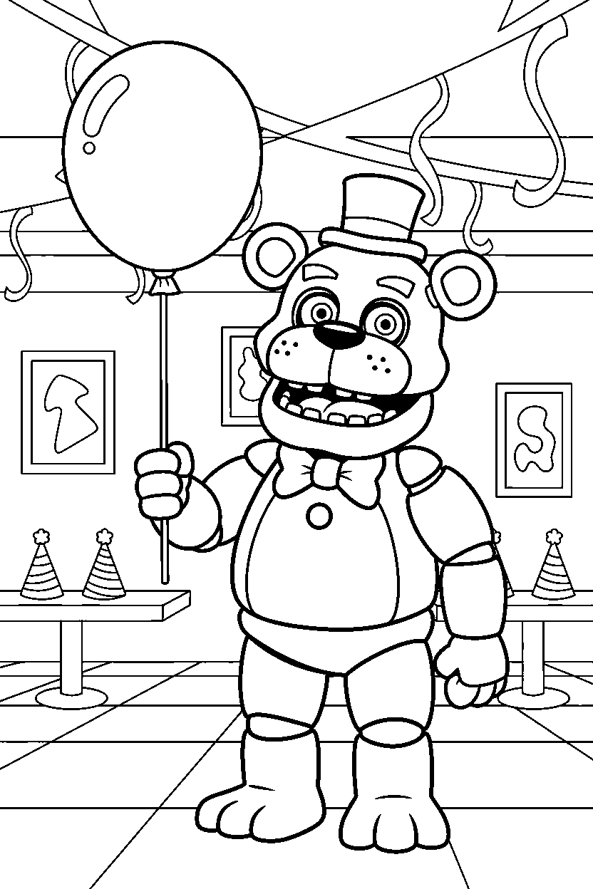 freddy fazbear from five nights at freddy s holding a balloon in a colorful entertainment hall line art