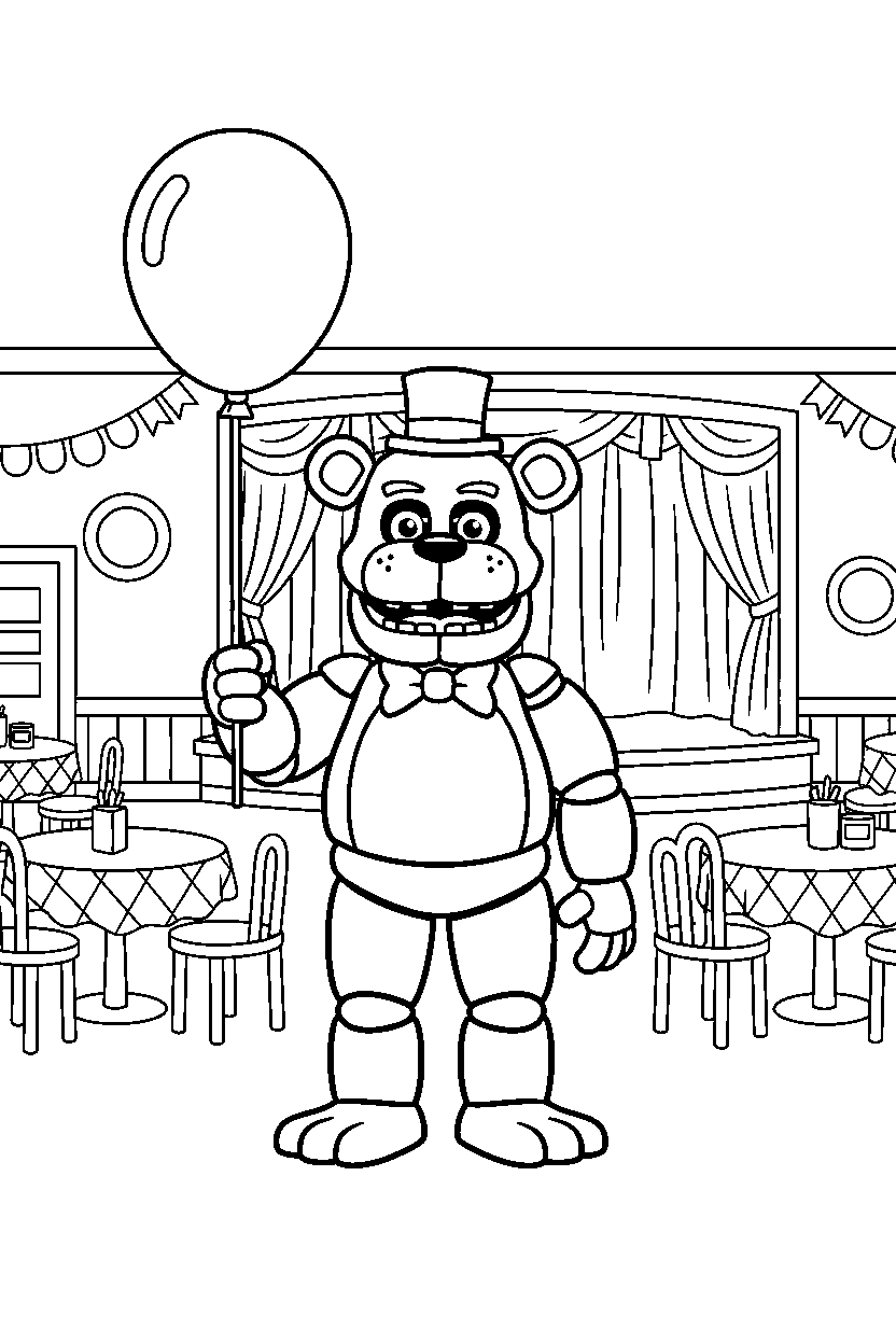 freddy fazbear from five nights at freddy s holding a balloon in a pizzeria dining area line art
