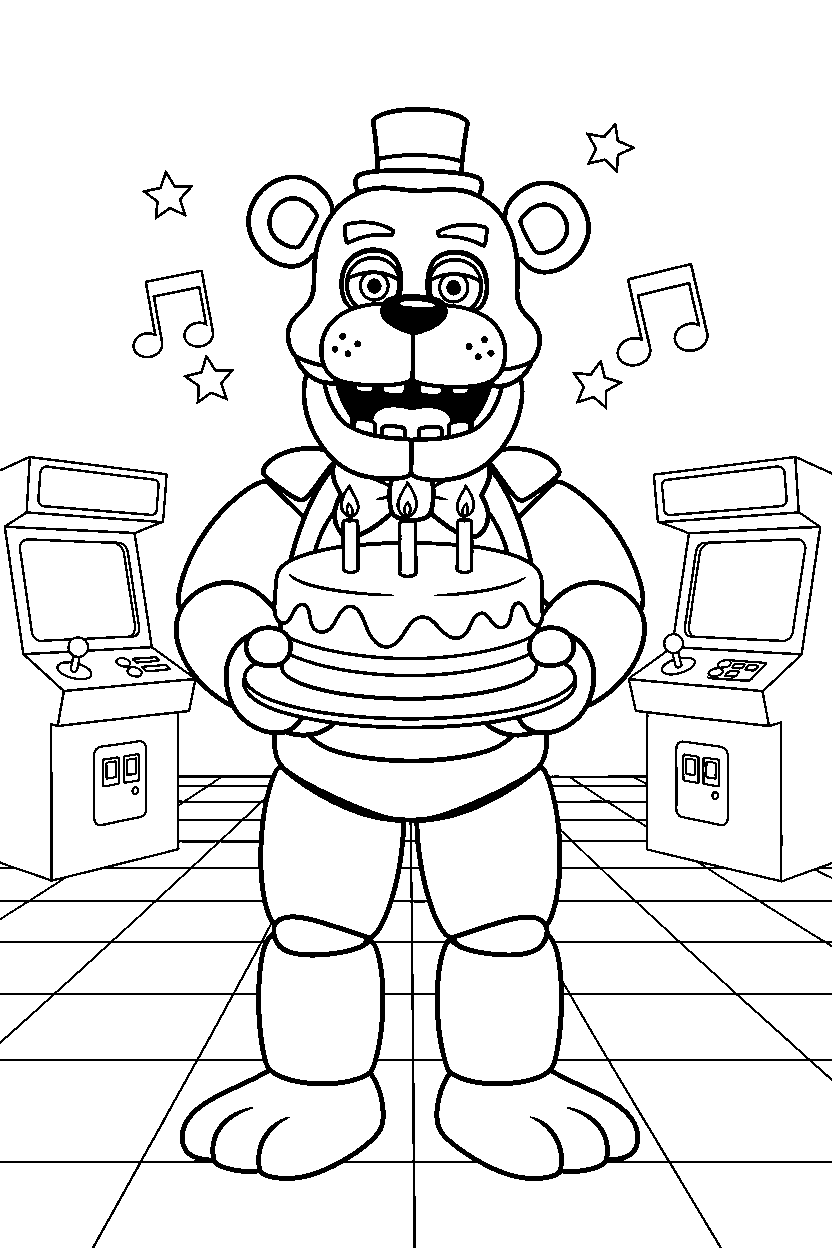 freddy fazbear from five nights at freddy s holding a cake in a bright game arcade line art