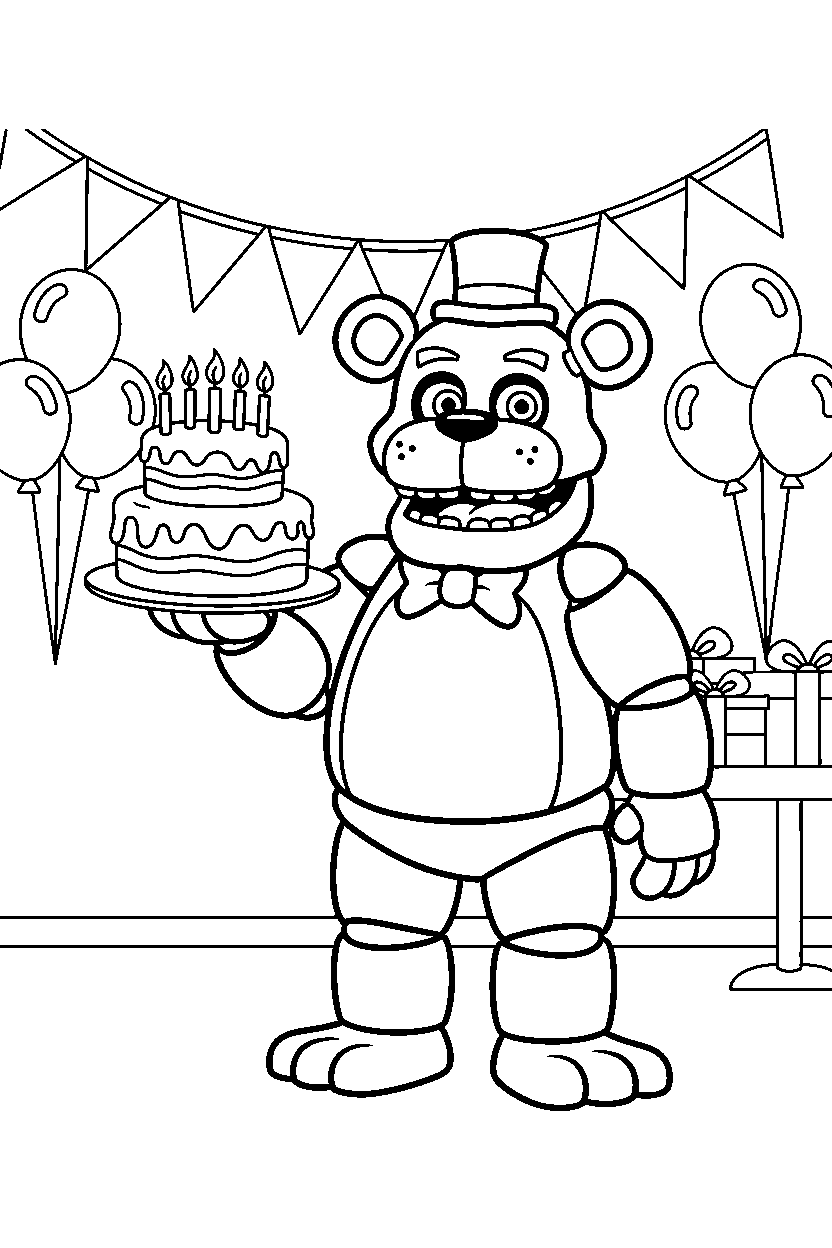 freddy fazbear from five nights at freddy s holding a cake in a decorated party room line art