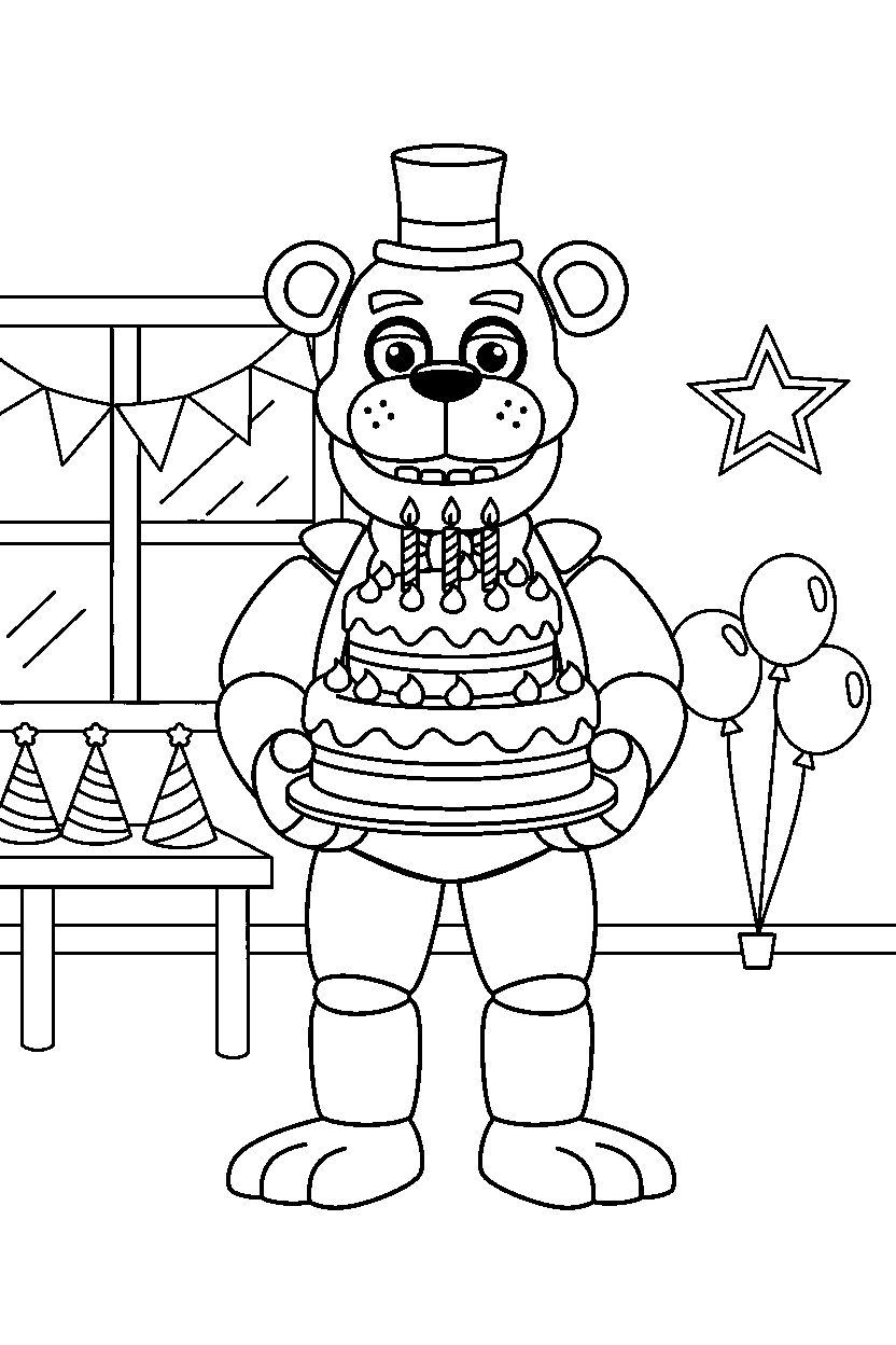 freddy fazbear from five nights at freddy s holding a cake in a decorated playroom line art