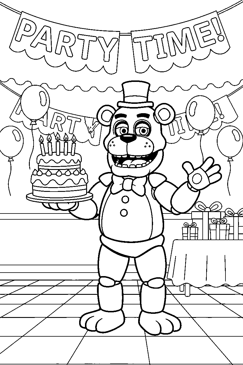 freddy fazbear from five nights at freddy s holding a cake inside a cartoon party hall line art