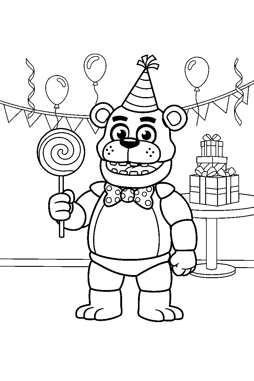 freddy fazbear from five nights at freddy s holding a candy in a bright party room line art