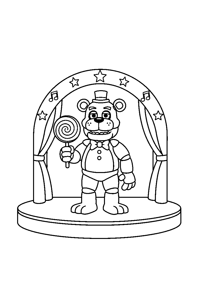 freddy fazbear from five nights at freddy s holding a candy on a performance stage line art