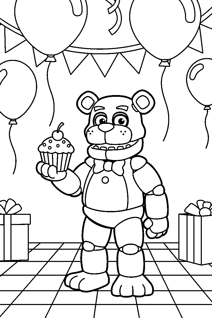 freddy fazbear from five nights at freddy s holding a cupcake in a celebration hall line art