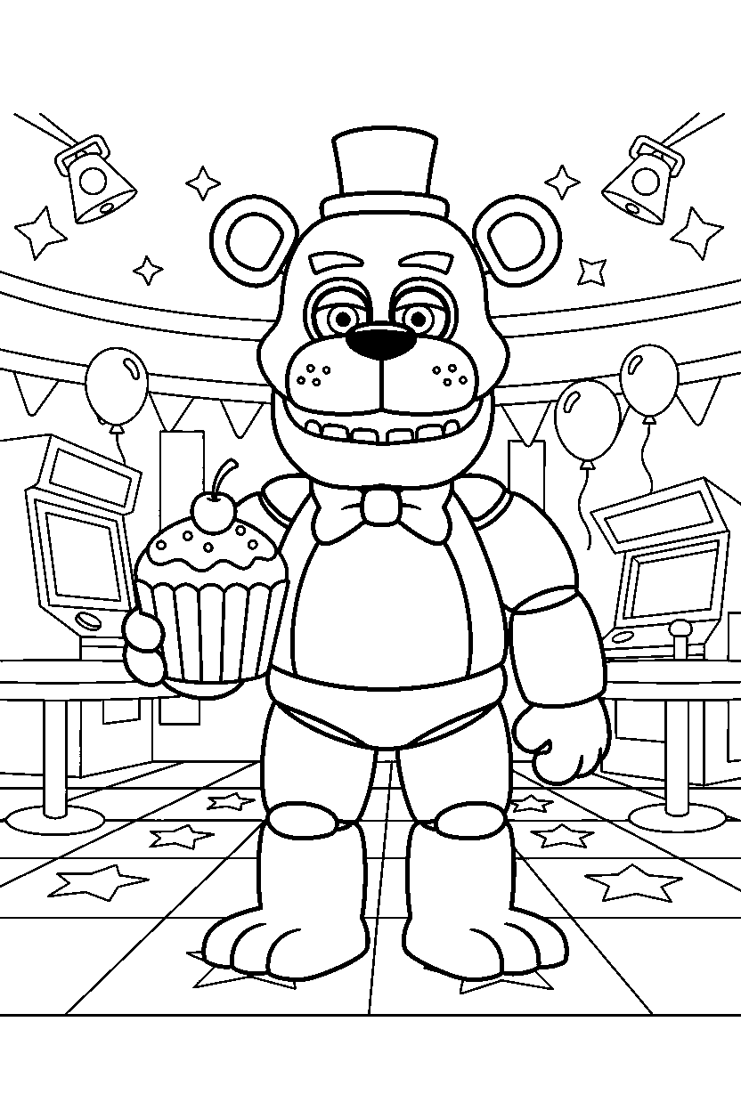 freddy fazbear from five nights at freddy s holding a cupcake in a colorful entertainment hall line art