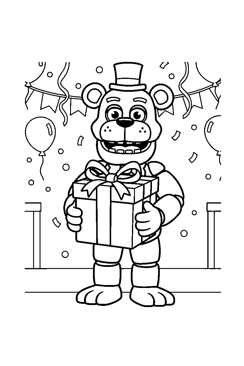 freddy fazbear from five nights at freddy s holding a gift box in a colorful party hall line art