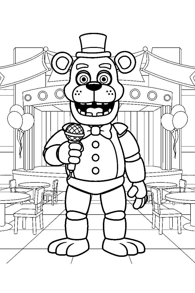 freddy fazbear from five nights at freddy s holding a microphone in a colorful entertainment hall line art