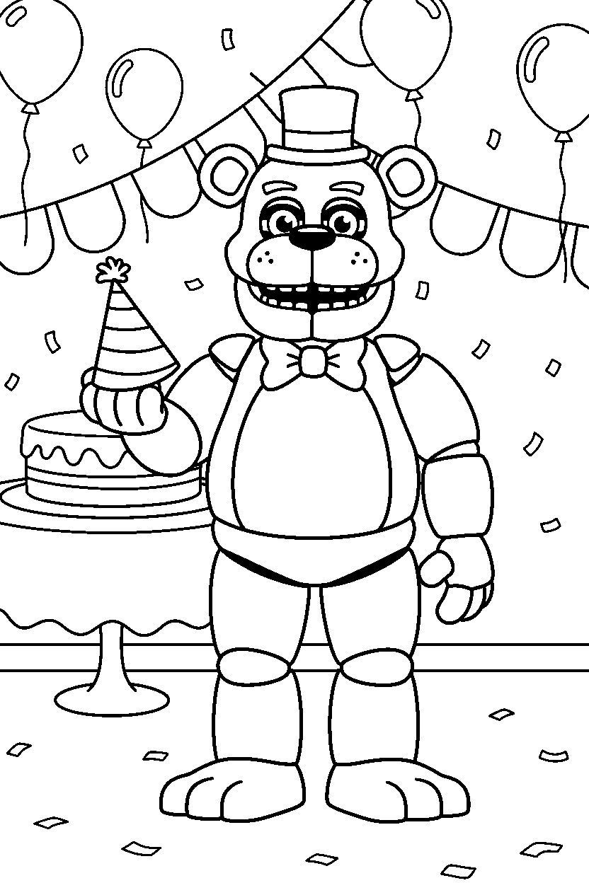 freddy fazbear from five nights at freddy s holding a party hat in a celebration hall line art