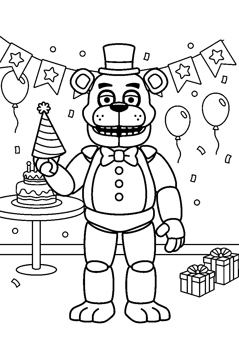 freddy fazbear from five nights at freddy s holding a party hat in a decorated party room line art