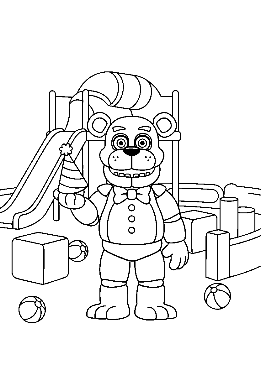 freddy fazbear from five nights at freddy s holding a party hat inside an indoor play area line art