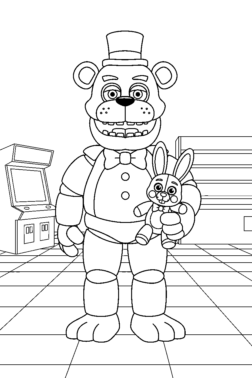 freddy fazbear from five nights at freddy s holding a plush toy in a bright game arcade line art