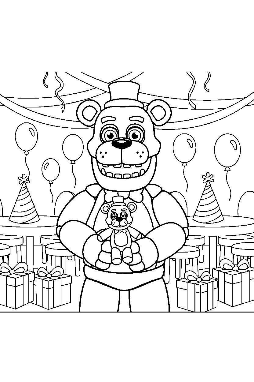 freddy fazbear from five nights at freddy s holding a plush toy in a celebration hall line art
