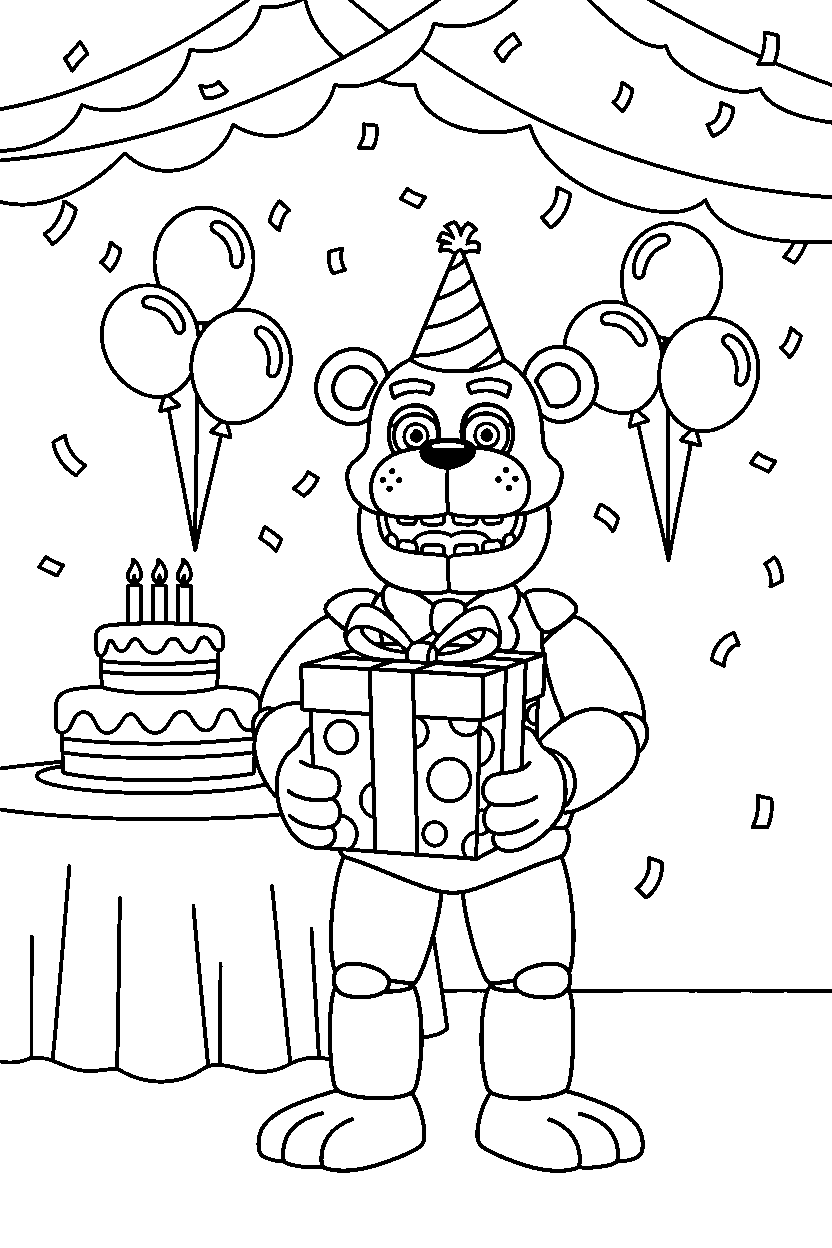 freddy fazbear from five nights at freddy s holding a present in a celebration hall line art