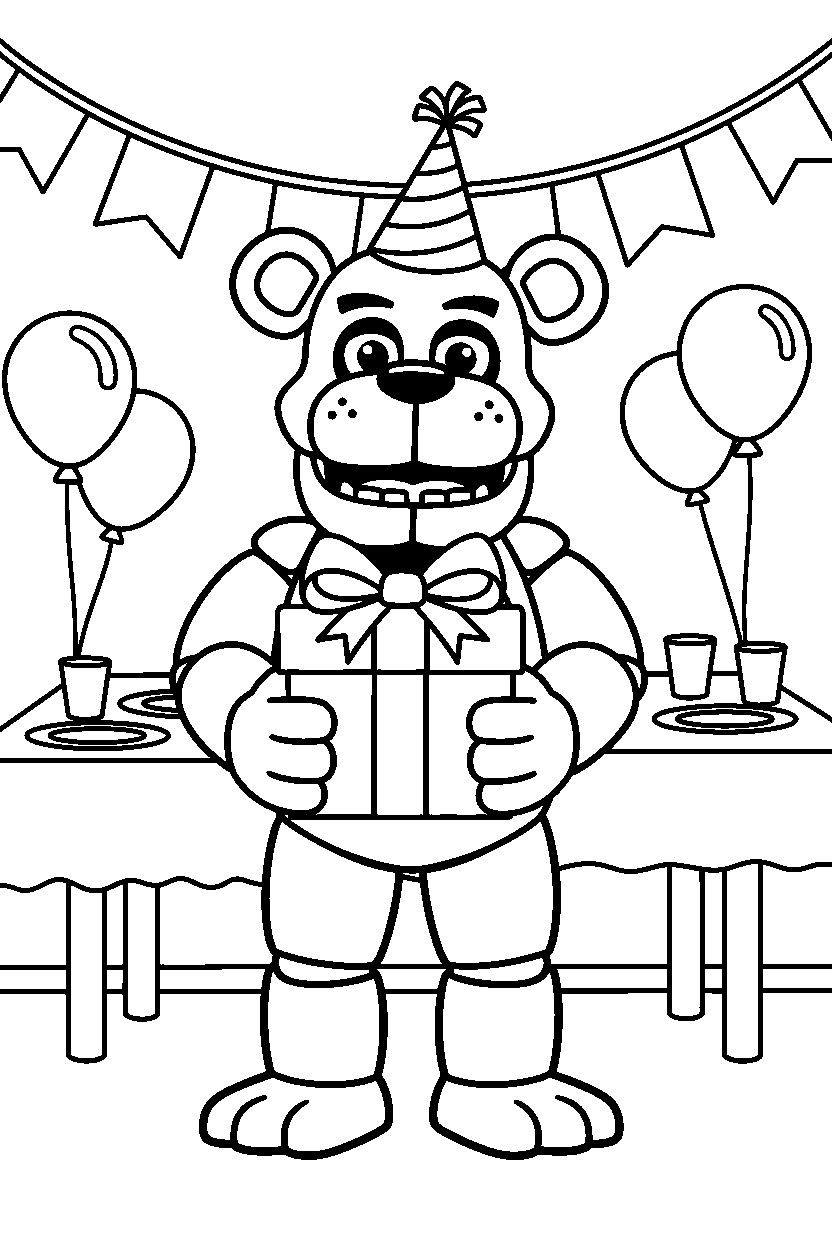 freddy fazbear from five nights at freddy s holding a present in a decorated party room line art